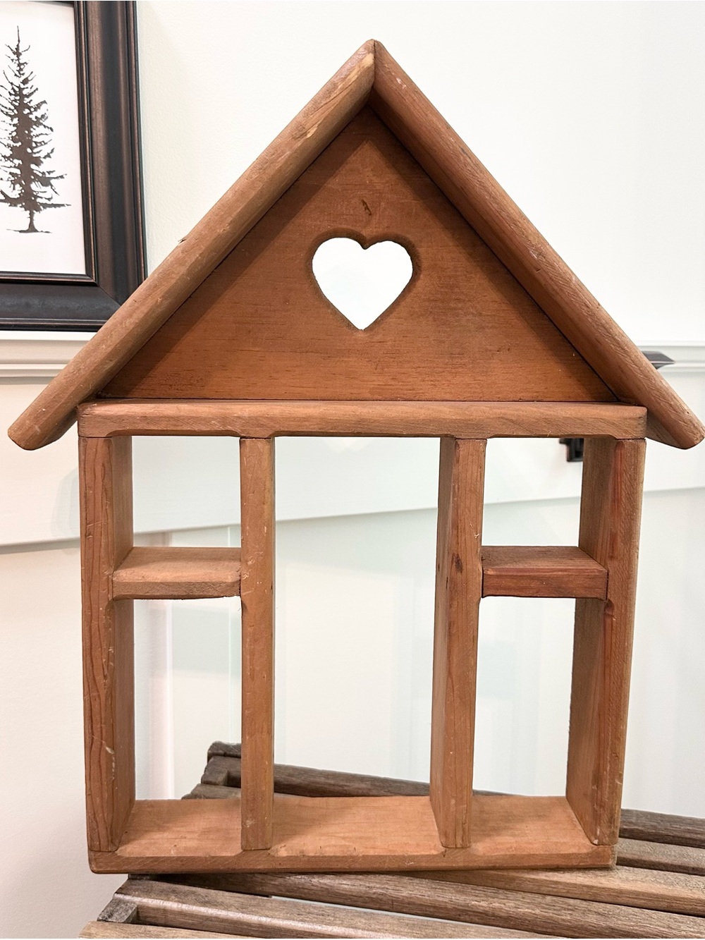 Wooden House Display Shelf Heart Cutout Trinkets Wall Shelf Rustic Brown Shadow